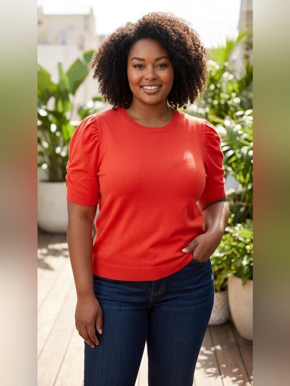 Lauren by Ralph Lauren Bright Red Short-Sleeve Puff Shoulder Pullover